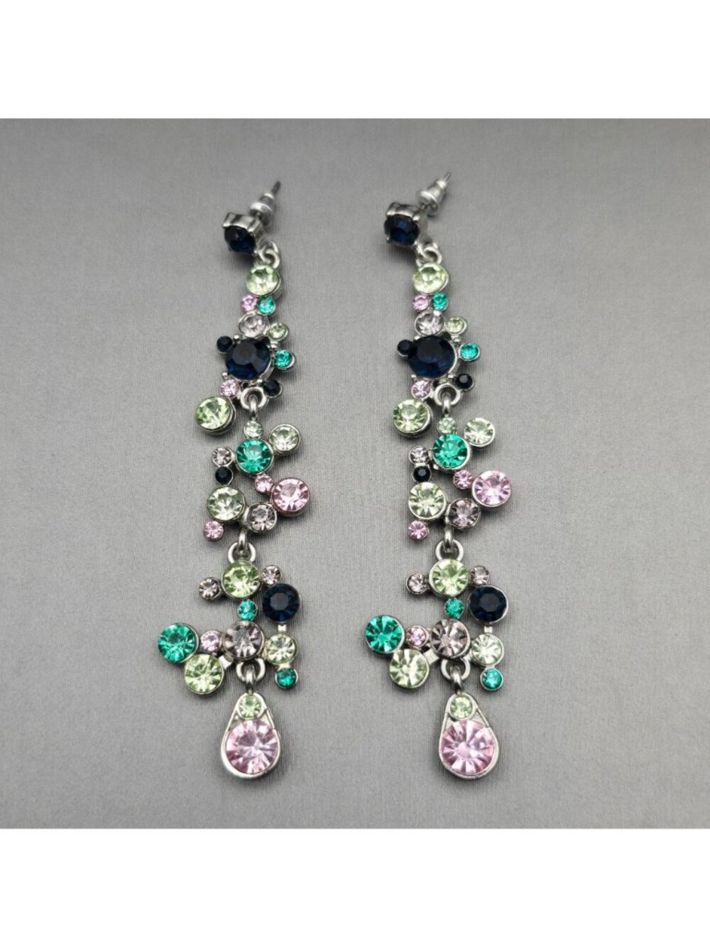 Vintage Multicolor Glass Crystal Drop Dangle Earrings 3.5" Silver Tone Statement - Picture 4 of 4